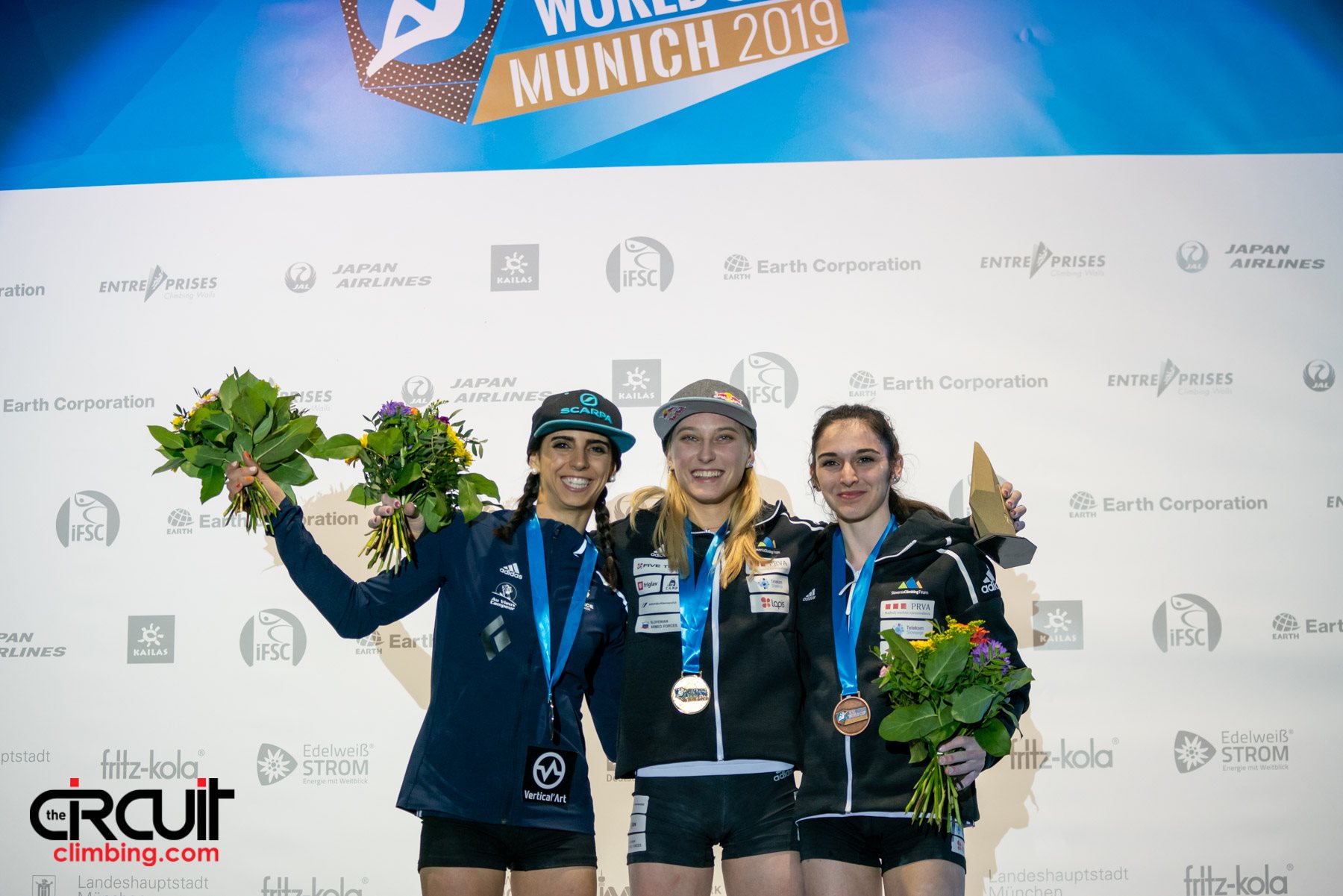 Left to right; Fanny Gibert, Janja Garnbret, Mia Krampl posing at the Bouldering World Cup 2019