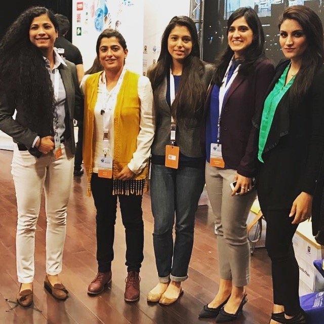 Hajra khan Sana Mir Sana Mahmud and 2 other Pakistani female athletes pose for a picture at a conference