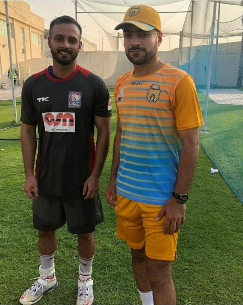 Afghanistan cricketer, Rashid Khan, with the domestic cricketer in the UAE