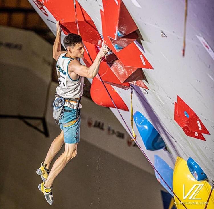 Rishat Khaibullin competing in the 2020 Tokyo Olympics for Climbing