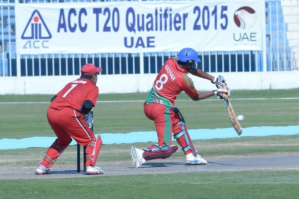 Hassan Ibrahim plays a shot during the ACC T20 Qualifier 2015 cricket match